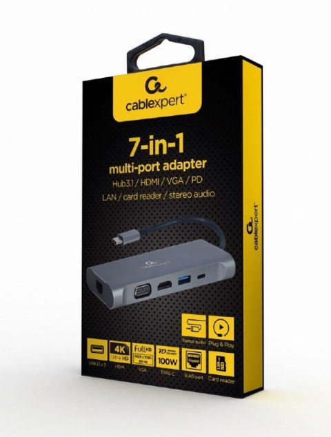 GEMBIRD GEMBIRD MULTI ADAPTER USB TYPE-C 7 W 1 (HUB3.0 + HDMI + VGA + PD + CZYTNIK KART + DŹWIĘK STEREO), SZARY