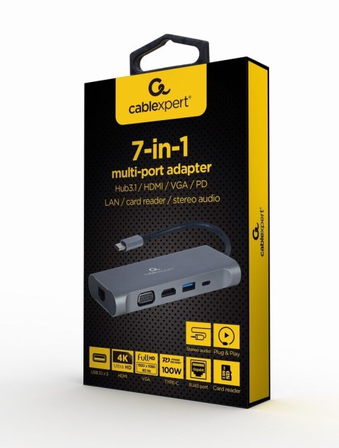 GEMBIRD GEMBIRD MULTI ADAPTER USB TYPE-C 7 W 1 (HUB3.0 + HDMI + VGA + PD + CZYTNIK KART + DŹWIĘK STEREO), SZARY