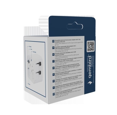 GEMBIRD GEMBIRD UNIWERSALNY ADAPTER PODRÓŻNY Z UZIEMIENIEM 20 W, BIAŁY