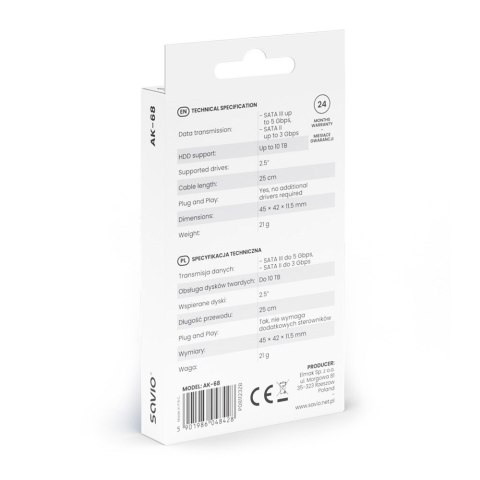 SAVIO SAVIO ADAPTER SATA (F) - USB-A 3.1 GEN 1 (M) DO DYSKÓW 2.5" AK-68