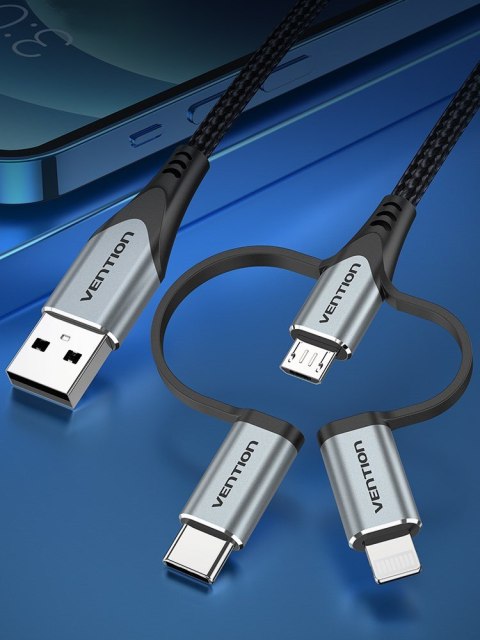 Vention Kabel Vention USB-A 3w1 Micro-B USB-C Lightning 1m szary
