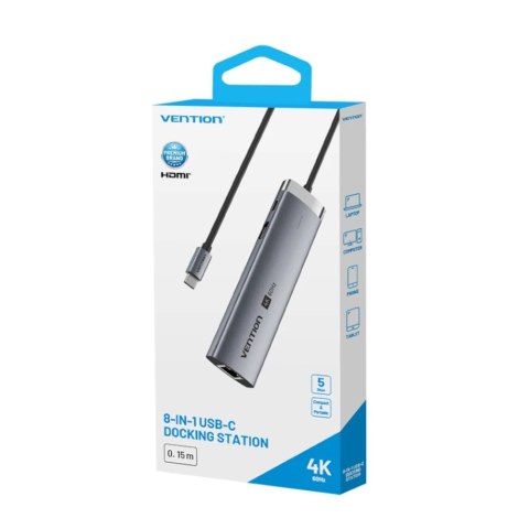 Vention Stacja dokująca USB-C 8w1 Vention 4K 60Hz 100W PD 0.15m