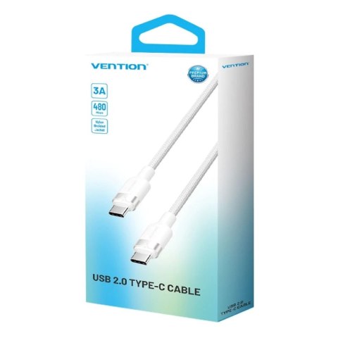 Vention Kabel USB-C do USB-C Vention w oplocie 3A 480Mbps 60W PD 2m biały