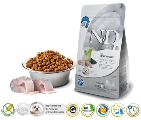 Farmina FARMINA N&D WHITE DOG SEA BASS, Spirulina and Fennel Adult Mini - sucha karma dla psów ras białych - 2 kg (WYPRZEDAŻ)