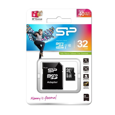 Silicon Power Karta pamięci Silicon Power microSDHC 32GB Class 10 + ADAPTER microSD-SD (SP032GBSTH010V10SP)