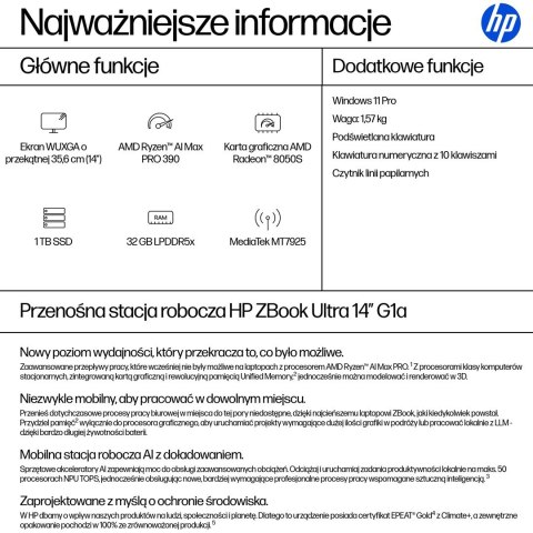 Hewlett-Packard HP ZBook Ultra 14 G1a Ryzen AI MAX PRO 390 14.0"WUXGA IPS 400nits AG 32GB LPDDR5x-8533 SSD1TB Radeon 8050S Cam IR 5 MPx 74,5Wh W