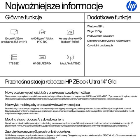 Hewlett-Packard HP ZBook Ultra 14 G1a Ryzen AI Max PRO 390 14.0"WUXGA IPS 400nits AG 64GB LPDDR5x-8533 SSD1TB Radeon 8050S Cam IR 5 MPx 74,5Wh W