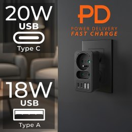 Maclean MACLEAN GNIAZDKO PRĄDOWE X2 + 4XUSB, ROZGAŁĘŹNIK Z 2 GNIAZDAMI, 2XUSB A, 2XUSB C PD 20W, 1X16A + 1X6A MCE249 F/B