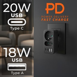 Maclean MACLEAN GNIAZDKO PRĄDOWE X2 + 4XUSB, ROZGAŁĘŹNIK Z 2 GNIAZDAMI, 2XUSB A, 2XUSB C PD 20W, 1X16A + 1X6A MCE249 F/B