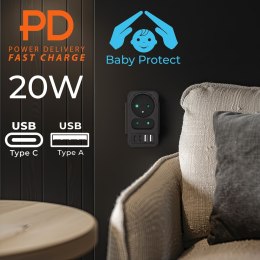 Maclean MACLEAN GNIAZDKO PRĄDOWE X2 + 4XUSB, ROZGAŁĘŹNIK Z 2 GNIAZDAMI, 2XUSB A, 2XUSB C PD 20W, 1X16A + 1X6A MCE249 F/B