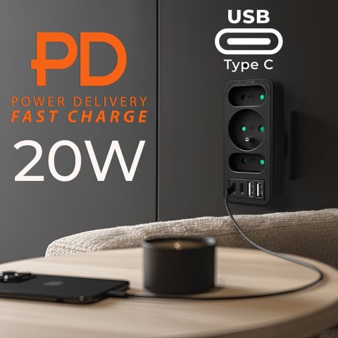 Maclean MACLEAN GNIAZDKO PRĄDOWE X3 + 4XUSB, ROZGAŁĘŹNIK Z 3 GNIAZDAMI, 2XUSB A, 2XUSB C PD 20W, 1X16A + 2X6A MCE248 F/B