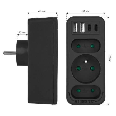 Maclean MACLEAN GNIAZDKO PRĄDOWE X3 + 4XUSB, ROZGAŁĘŹNIK Z 3 GNIAZDAMI, 2XUSB A, 2XUSB C PD 20W, 1X16A + 2X6A MCE248 F/B
