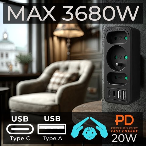 Maclean MACLEAN GNIAZDKO PRĄDOWE X3 + 4XUSB, ROZGAŁĘŹNIK Z 3 GNIAZDAMI, 2XUSB A, 2XUSB C PD 20W, 1X16A + 2X6A MCE248 F/B