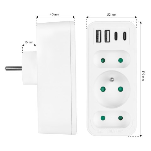 Maclean MACLEAN GNIAZDKO PRĄDOWE X3 + 4XUSB, ROZGAŁĘŹNIK Z 3 GNIAZDAMI, 2XUSB A, 2XUSB C PD 20W, 1X16A + 2X6A MCE248 F/W