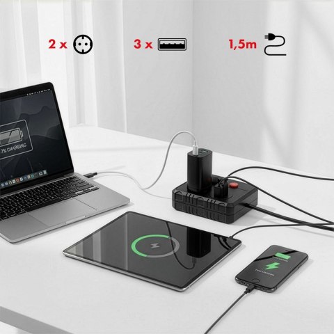 Maclean MACLEAN LISTWA ZASILAJĄCA, PRZEDŁUŻACZ 2 GNIAZDA + 3XUSB, 110-240V AC 50/60HZ, 2.1A MAX 2500W, 1.5M, CZARNA MCE387 B