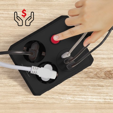 Maclean MACLEAN LISTWA ZASILAJĄCA, PRZEDŁUŻACZ 2 GNIAZDA + 3XUSB, 110-240V AC 50/60HZ, 2.1A MAX 2500W, 1.5M, CZARNA MCE387 B