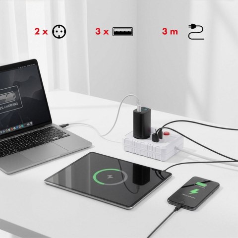 Maclean MACLEAN LISTWA ZASILAJĄCA, PRZEDŁUŻACZ 2 GNIAZDA + 3XUSB, 110-240V AC 50/60HZ, 2.1A MAX 2500W, 3 M, BIAŁA MCE388 W