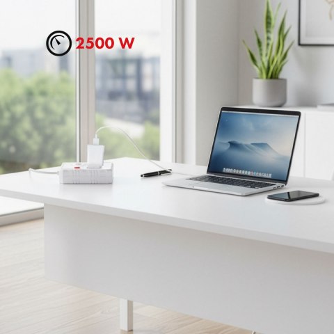 Maclean MACLEAN LISTWA ZASILAJĄCA, PRZEDŁUŻACZ 2 GNIAZDA + 3XUSB, 110-240V AC 50/60HZ, 2.1A MAX 2500W, 3 M, BIAŁA MCE388 W