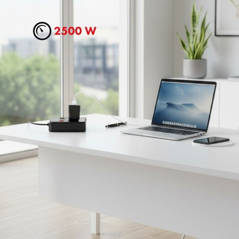 Maclean MACLEAN LISTWA ZASILAJĄCA, PRZEDŁUŻACZ 2 GNIAZDA + 3XUSB, 110-240V AC 50/60HZ, 2.1A MAX 2500W, 3 M, CZARNA MCE388 B