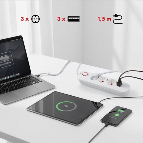 Maclean MACLEAN LISTWA ZASILAJĄCA, PRZEDŁUŻACZ 3 GNIAZDA + 3XUSB, 110-240V AC 50/60HZ, 2.1A MAX 2500W, 1,5M, BIAŁA MCE394 W