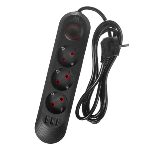 Maclean MACLEAN LISTWA ZASILAJĄCA, PRZEDŁUŻACZ 3 GNIAZDA + 3XUSB, 110-240V AC 50/60HZ, 2.1A MAX 2500W, 1,5M, CZARNA MCE394 B