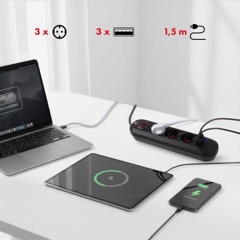 Maclean MACLEAN LISTWA ZASILAJĄCA, PRZEDŁUŻACZ 3 GNIAZDA + 3XUSB, 110-240V AC 50/60HZ, 2.1A MAX 2500W, 1,5M, CZARNA MCE394 B