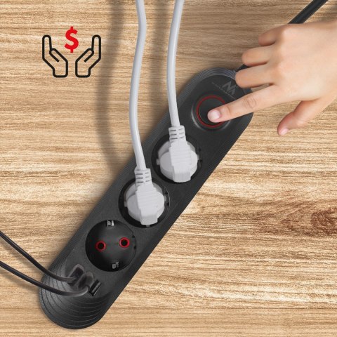 Maclean MACLEAN LISTWA ZASILAJĄCA, PRZEDŁUŻACZ 3 GNIAZDA + 3XUSB, 110-240V AC 50/60HZ, 2.1A MAX 2500W, 1,5M, CZARNA MCE394 B