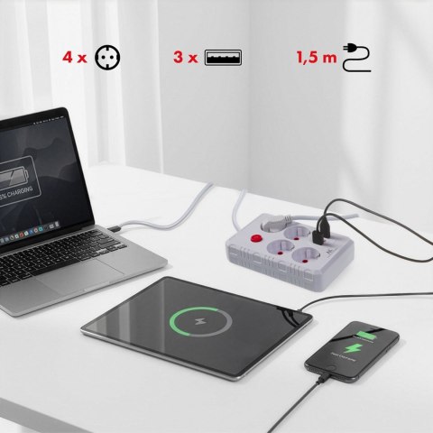 Maclean MACLEAN LISTWA ZASILAJĄCA, PRZEDŁUŻACZ 4 GNIAZDA + 3XUSB, 110-240V AC 50/60HZ, 2.1A MAX 2500W, 1,5M, BIAŁA MCE392 W