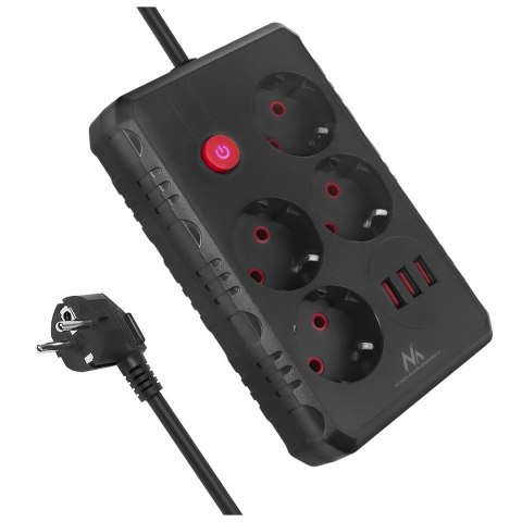 Maclean MACLEAN LISTWA ZASILAJĄCA, PRZEDŁUŻACZ 4 GNIAZDA + 3XUSB, 110-240V AC 50/60HZ, 2.1A MAX 2500W, 1,5M, CZARNA MCE392 B