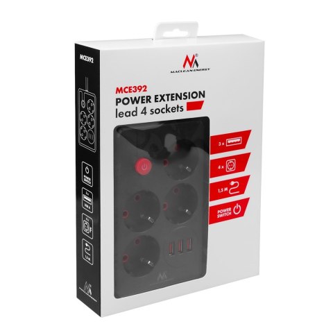 Maclean MACLEAN LISTWA ZASILAJĄCA, PRZEDŁUŻACZ 4 GNIAZDA + 3XUSB, 110-240V AC 50/60HZ, 2.1A MAX 2500W, 1,5M, CZARNA MCE392 B