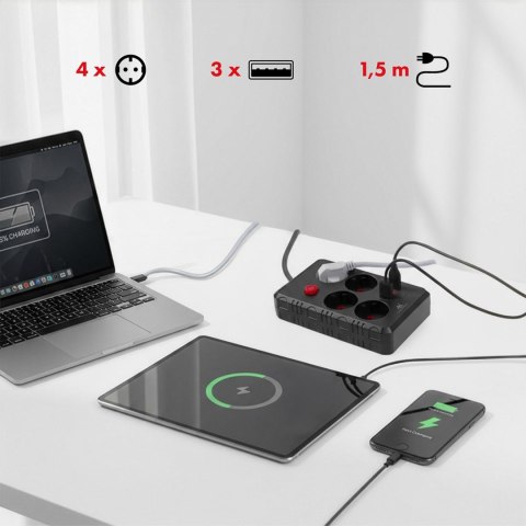 Maclean MACLEAN LISTWA ZASILAJĄCA, PRZEDŁUŻACZ 4 GNIAZDA + 3XUSB, 110-240V AC 50/60HZ, 2.1A MAX 2500W, 1,5M, CZARNA MCE392 B