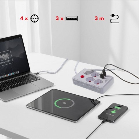 Maclean MACLEAN LISTWA ZASILAJĄCA, PRZEDŁUŻACZ 4 GNIAZDA + 3XUSB, 110-240V AC 50/60HZ, 2.1A MAX 2500W, 3M, BIAŁA MCE393 W
