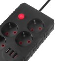 Maclean MACLEAN LISTWA ZASILAJĄCA, PRZEDŁUŻACZ 4 GNIAZDA + 3XUSB, 110-240V AC 50/60HZ, 2.1A MAX 2500W, 3M, CZARNA, MCE393 B