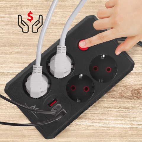 Maclean MACLEAN LISTWA ZASILAJĄCA, PRZEDŁUŻACZ 4 GNIAZDA + 3XUSB, 110-240V AC 50/60HZ, 2.1A MAX 2500W, 3M, CZARNA, MCE393 B