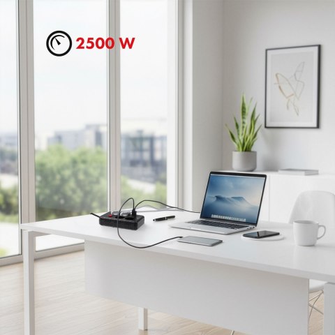 Maclean MACLEAN LISTWA ZASILAJĄCA, PRZEDŁUŻACZ 4 GNIAZDA + 3XUSB, 110-240V AC 50/60HZ, 2.1A MAX 2500W, 3M, CZARNA, MCE393 B