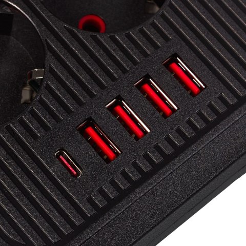 Maclean MACLEAN LISTWA ZASILAJĄCA, PRZEDŁUŻACZ 6 GNIAZD + 4XUSB, 110-240V AC 50/60HZ, 2.1A MAX 2500W, 1,5 M, CZARNA MCE389 B