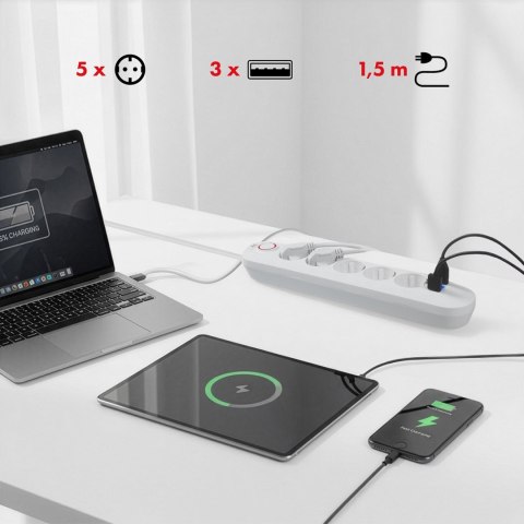 Maclean MACLEAN LISTWA ZASILAJĄCA PRZEDŁUŻACZ5 GNIAZD + 3XUSB, 110-240V AC 50/60HZ, 2.1A MAX 2500W, 1,5M, BIAŁA MCE395 W