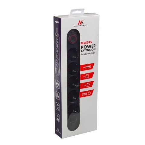Maclean MACLEAN LISTWA ZASILAJĄCA, PRZEDŁUŻACZ5 GNIAZD + 3XUSB, 110-240V AC 50/60HZ, 2.1A MAX 2500W, 1,5M, CZARNA MCE395 B