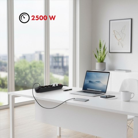 Maclean MACLEAN LISTWA ZASILAJĄCA, PRZEDŁUŻACZ5 GNIAZD + 3XUSB, 110-240V AC 50/60HZ, 2.1A MAX 2500W, 1,5M, CZARNA MCE395 B