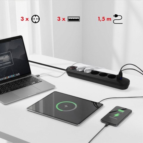 Maclean MACLEAN LISTWA ZASILAJĄCA, PRZEDŁUŻACZ5 GNIAZD + 3XUSB, 110-240V AC 50/60HZ, 2.1A MAX 2500W, 1,5M, CZARNA MCE395 B