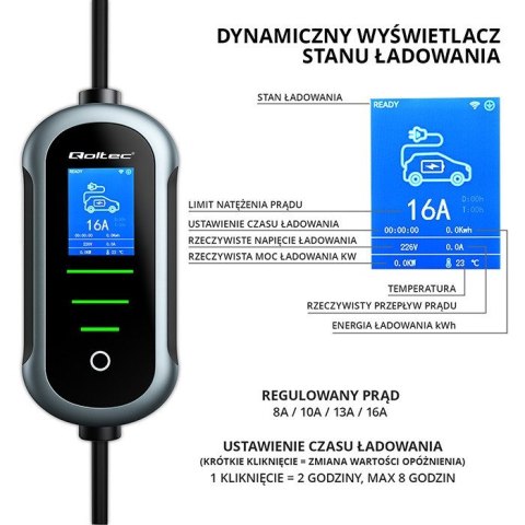 Qoltec Qoltec Mobilna ładowarka EV z regulacją 2w1 Typ2 11kW 400V Wi-fi TUYA Smart Life LCD Przenośna 5m