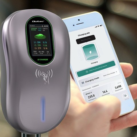 Qoltec Qoltec Stacja ładowania EV 2w1 Typ2 22kW Wi-fi LCD RFID 3 fazy Wallbox 5m