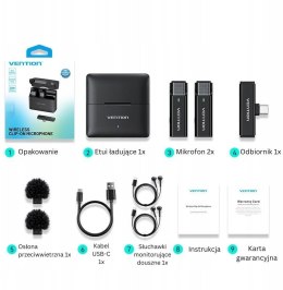 Vention Zestaw 2 bezprzewodowych mikrofonów krawatowych Vention USB-C z etui ładującym czarny