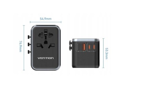 Vention Uniwersalny adapter podróżny z ładowarką Vention 65W GaN 2x USB-A 2x USB-C czarny