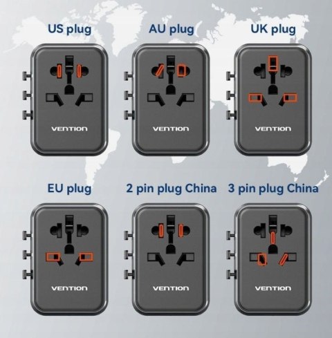 Vention Uniwersalny adapter podróżny z ładowarką Vention 65W GaN 2x USB-A 2x USB-C czarny