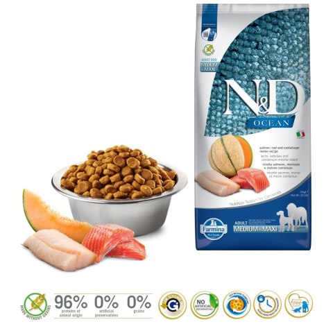 Farmina FARMINA N&D Ocean Dog Salmon, Cod, Cantaloupe, Melon Adult Medium&Maxi- sucha karma dla psa - 12 kg