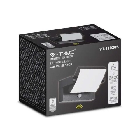 V-TAC Projektor oprawa elewacyjna V-TAC 17W LED czujnik ruchu czarna IP65 VT-11020S 4000K 2520lm