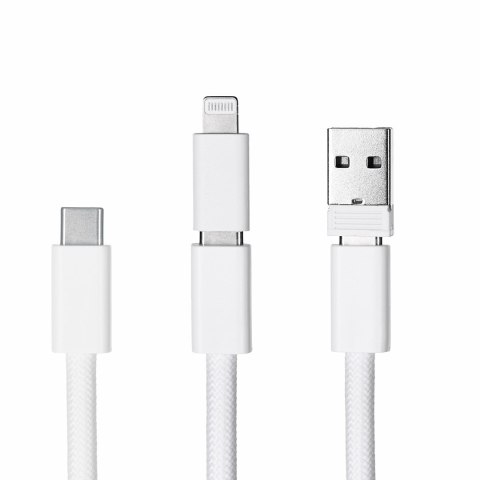 Activejet Activejet smycz z przewodem do ładowania 3w1 biała. Końcówki z różnymi złączami: USB-C, Adapter Lightning, USB-A.