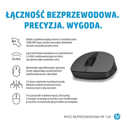Hewlett-Packard Mysz HP 150 Wireless Mouse bezprzewodowa czarna 2S9L1AA