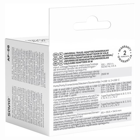 SAVIO SAVIO UNIWERSALNY ADAPTER PODRÓŻNY 20W AP-08